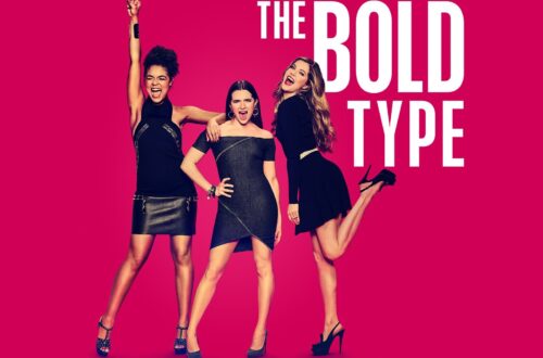 Plakat serialu The Bold Type. Trzy młode dziewczyny w ciemnych sukienkach.